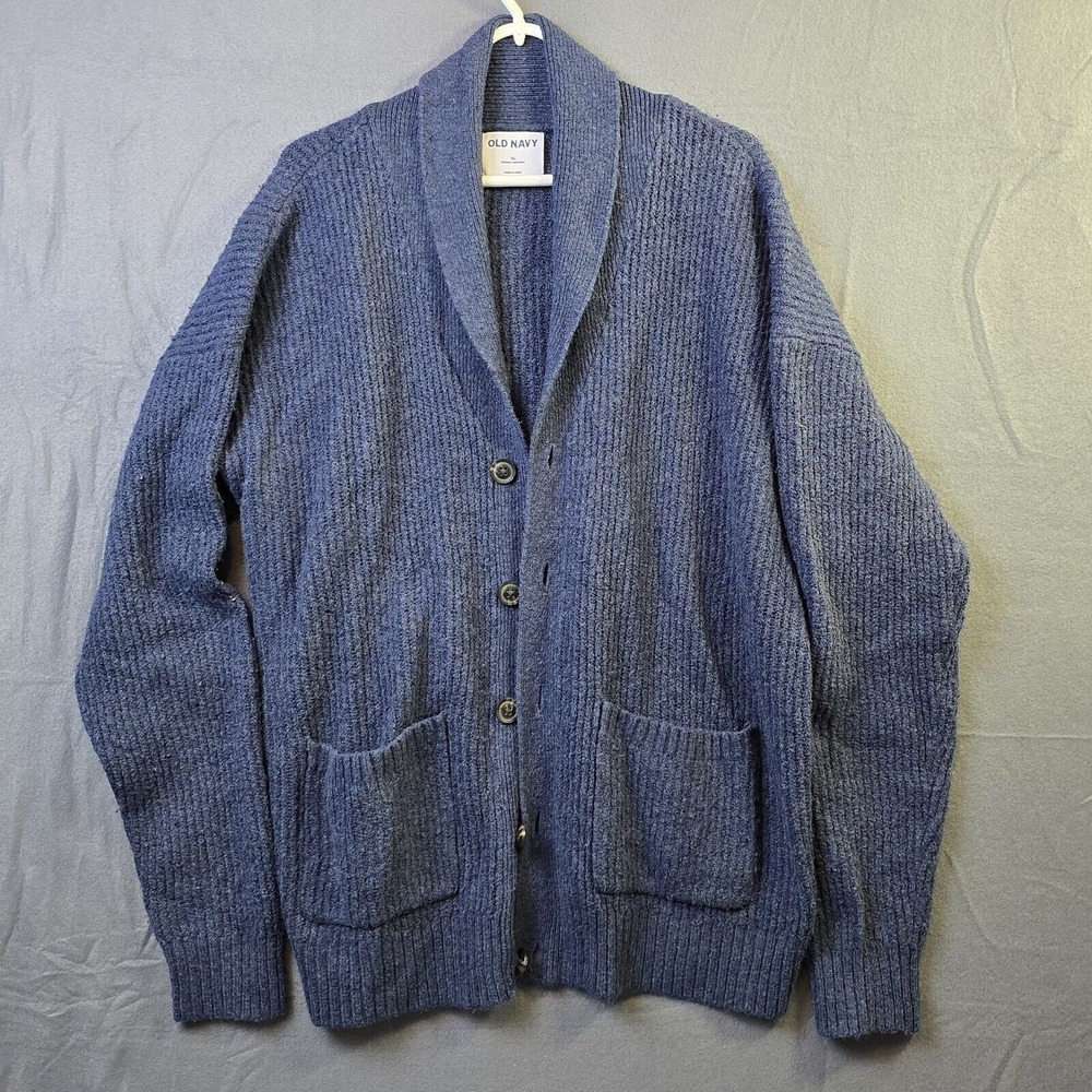 Old Navy Cardigan Sweater Mens XL Blue Shawl Collar Ribbed Knit Button Front